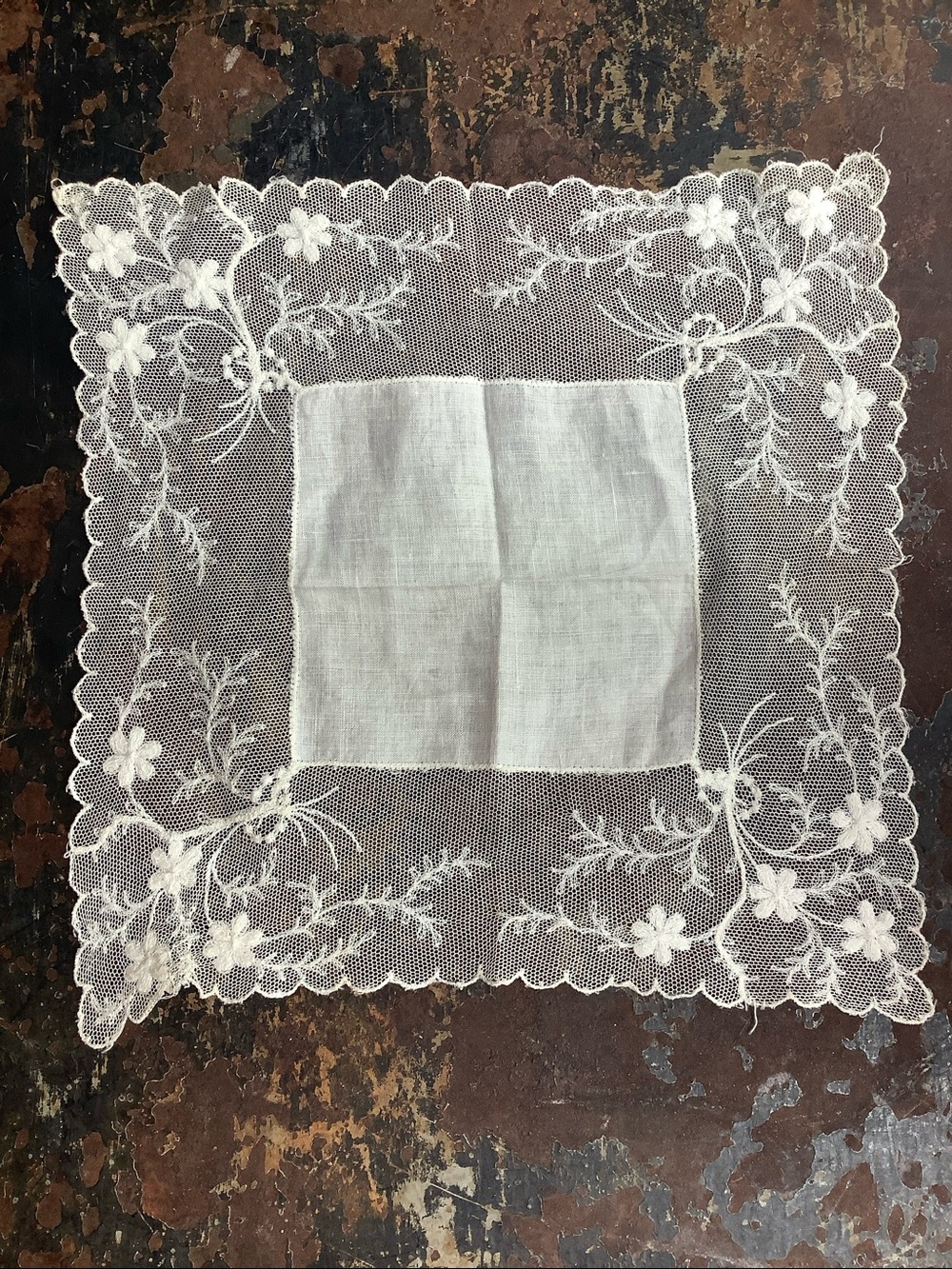 Vintage Ecru Colored Embroidered Net Lace Handkerchief